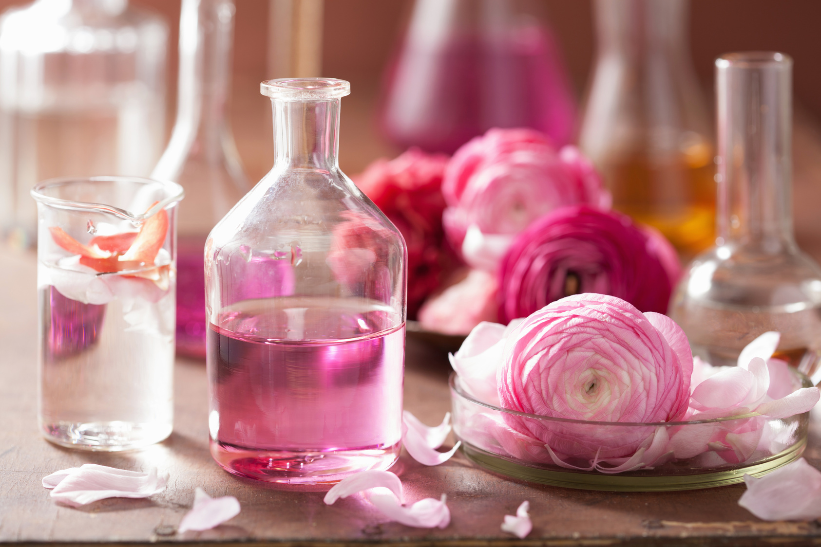 alchemy and aromatherapy set with ranunculus flowers flasks